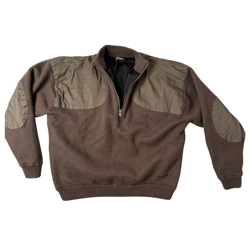 Cabela's Wool WindShear Quarter Zip Hunting Sweater Size L Brown Patches Outdoor
